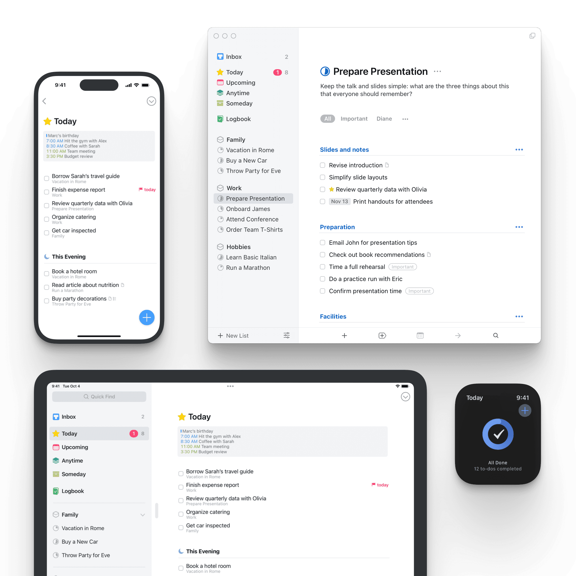 Official Things feature collage showing to-do lists, project organization, and device views.