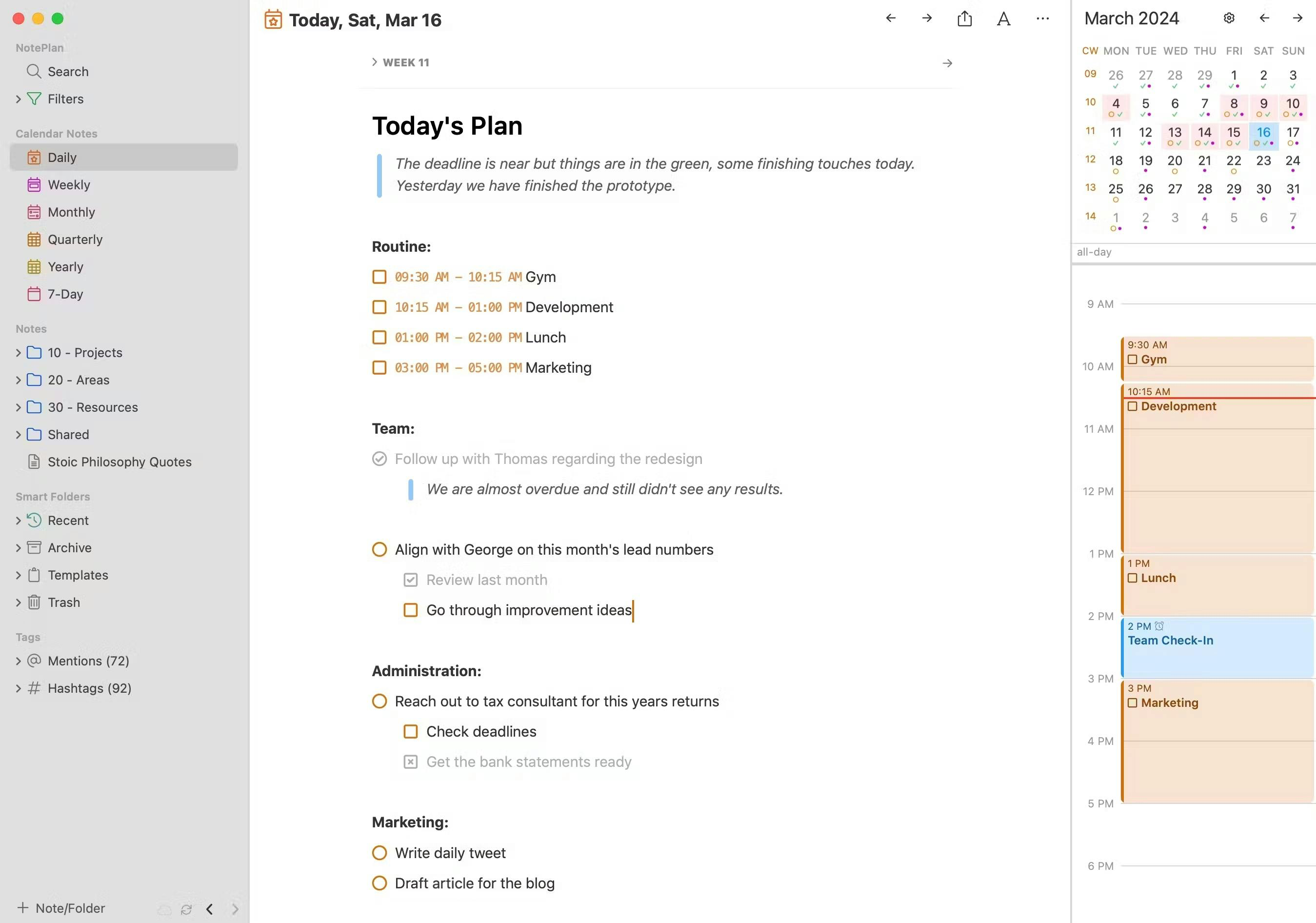 NotePlan for Mac showing a daily note, calendar details, and planning tasks in one workspace.