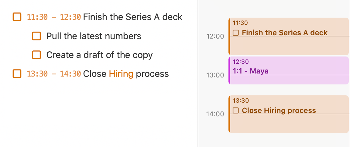 NotePlan time-blocking view with a task scheduled on a timeline beside a daily note.
