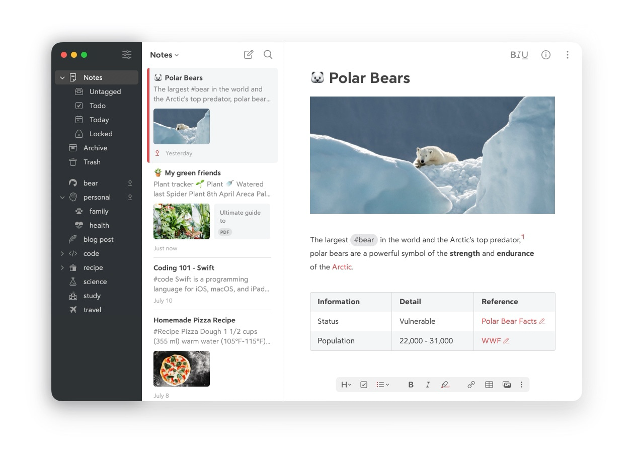 Bear note editor displaying a sample polar-bear note with tags, task navigation, a table, and inline photos.
