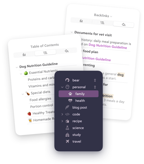Bear feature media showing a nested note outline, backlinks, and the tag sidebar used to organize writing.