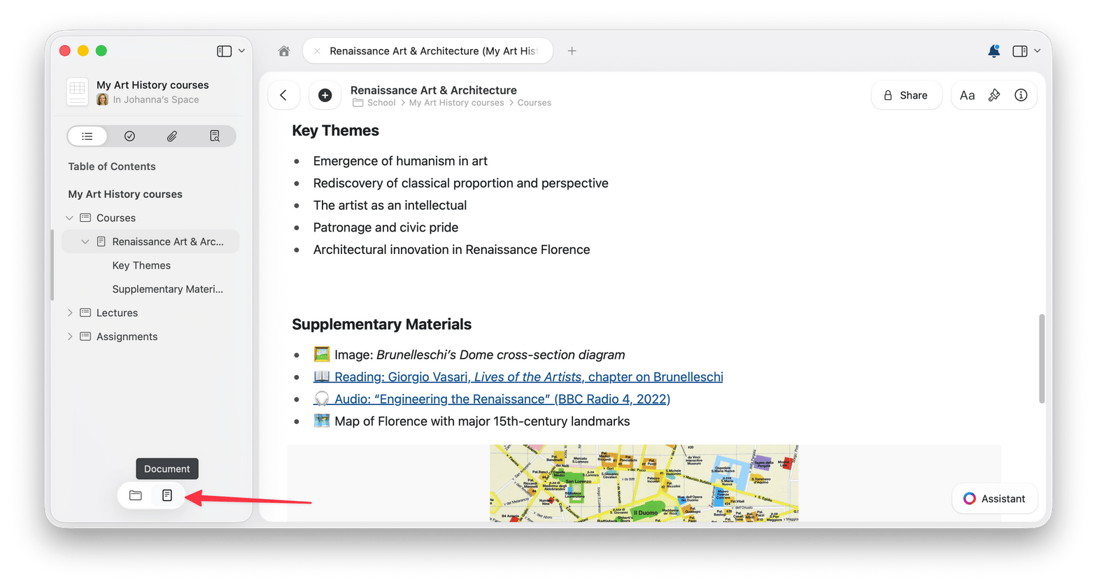 Craft on Mac with the document table of contents visible in the left sidebar beside a styled document.