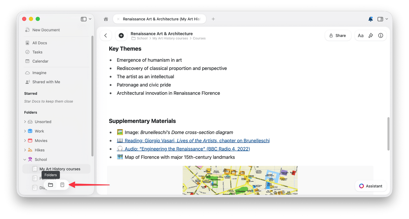 Craft on Mac showing the folder sidebar used to organize documents and spaces.