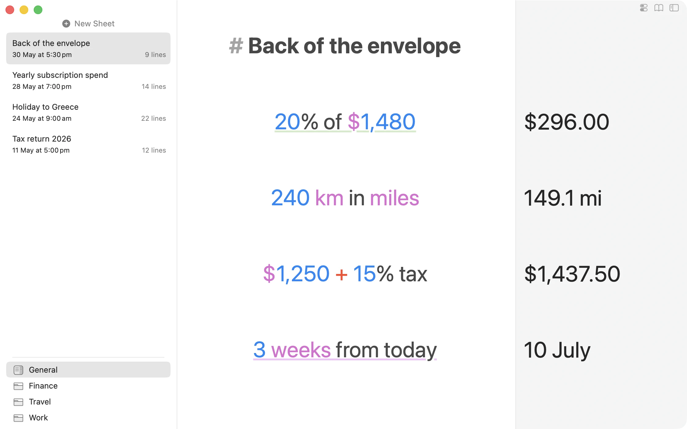 Soulver on Mac showing a calculation sheet with text expressions, values, and results in one document.