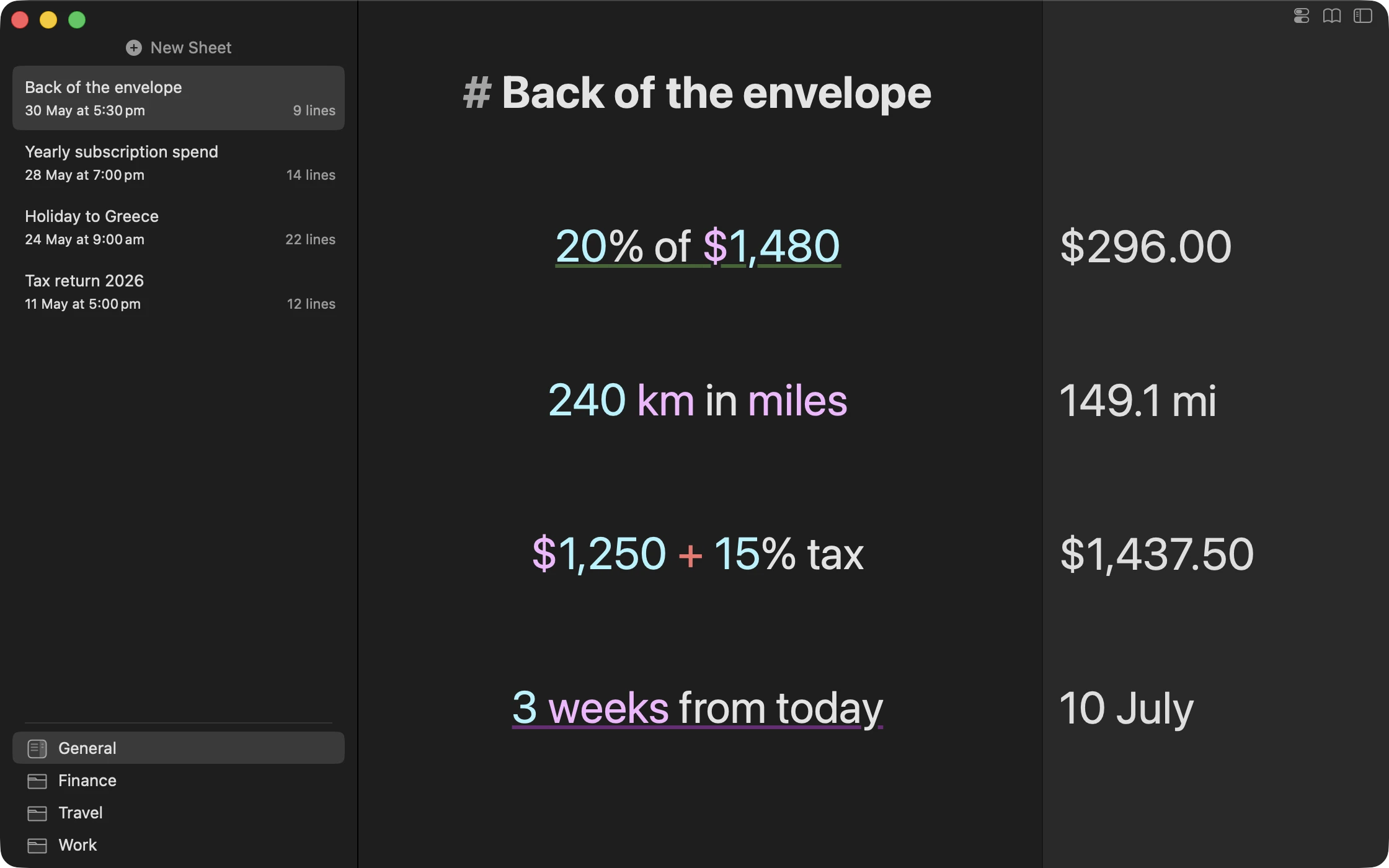 Soulver on Mac in dark mode with a calculation sheet used to work through a running set of numbers.
