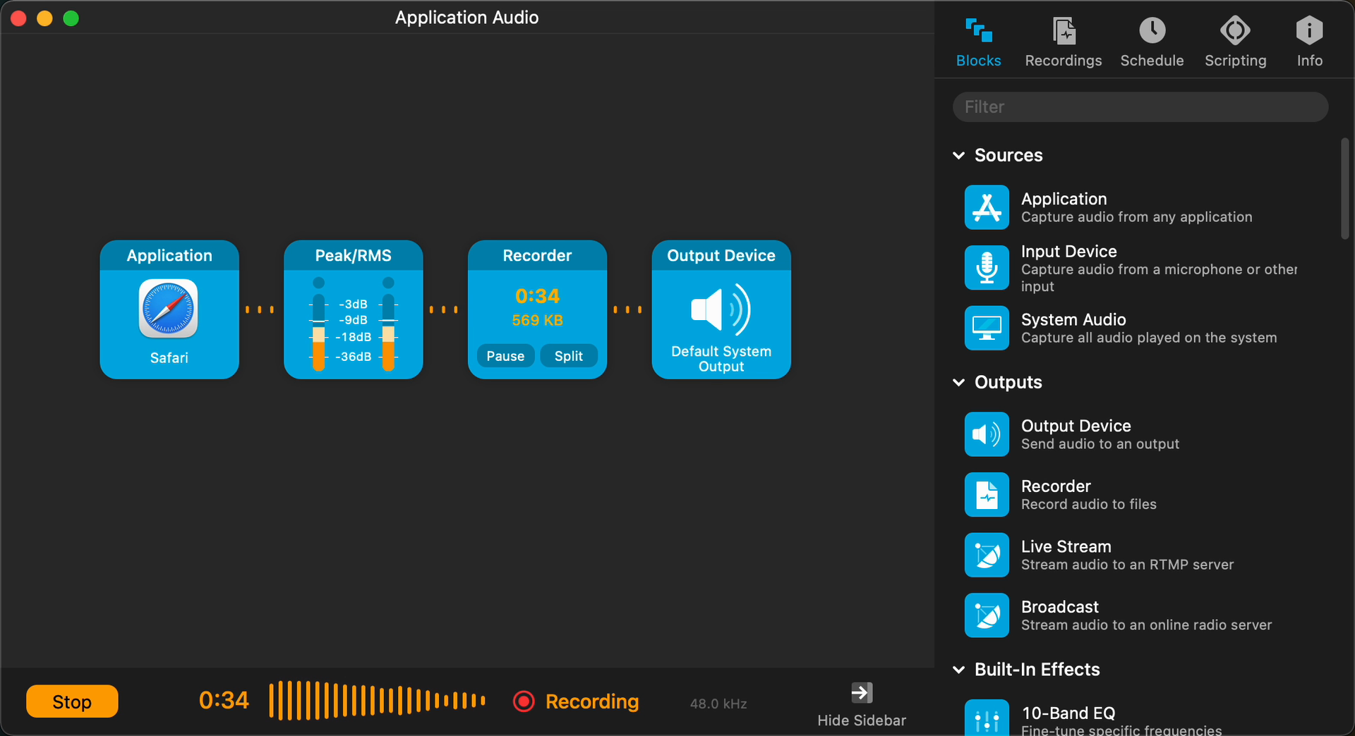 Audio Hijack session builder showing Safari audio moving through meters, a recorder, and the system output.