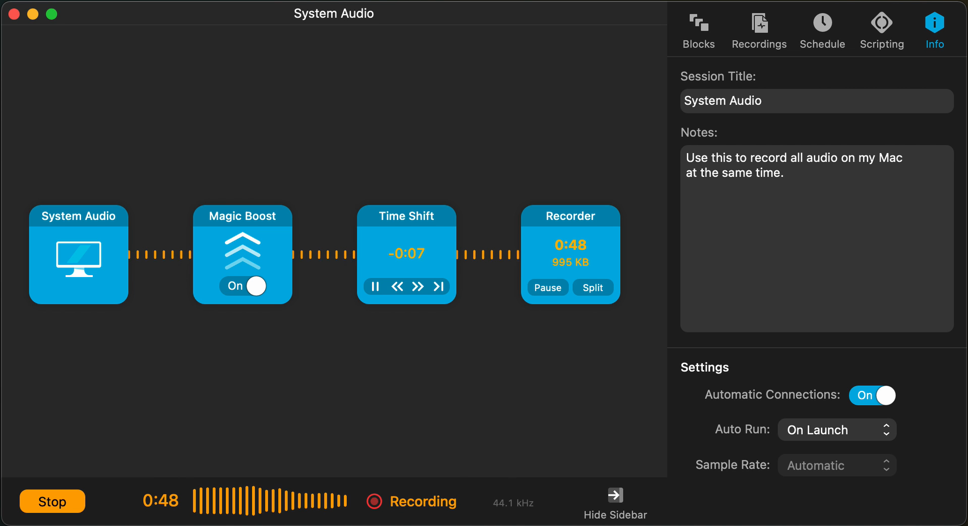 Audio Hijack system-audio session with Magic Boost, Time Shift, and Recorder blocks connected in sequence.