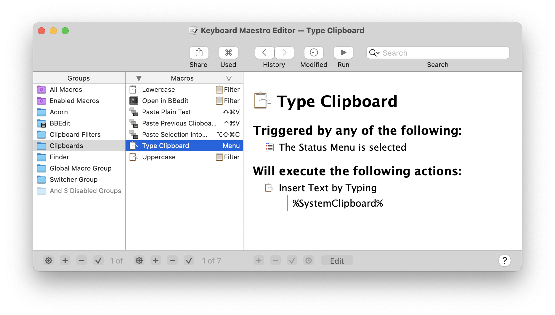 Keyboard Maestro on Mac showing a macro list and action editor for an automation workspace.
