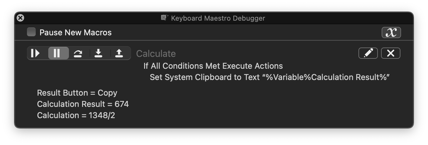 Keyboard Maestro on Mac showing the macro debugger while an automation sequence is being inspected.