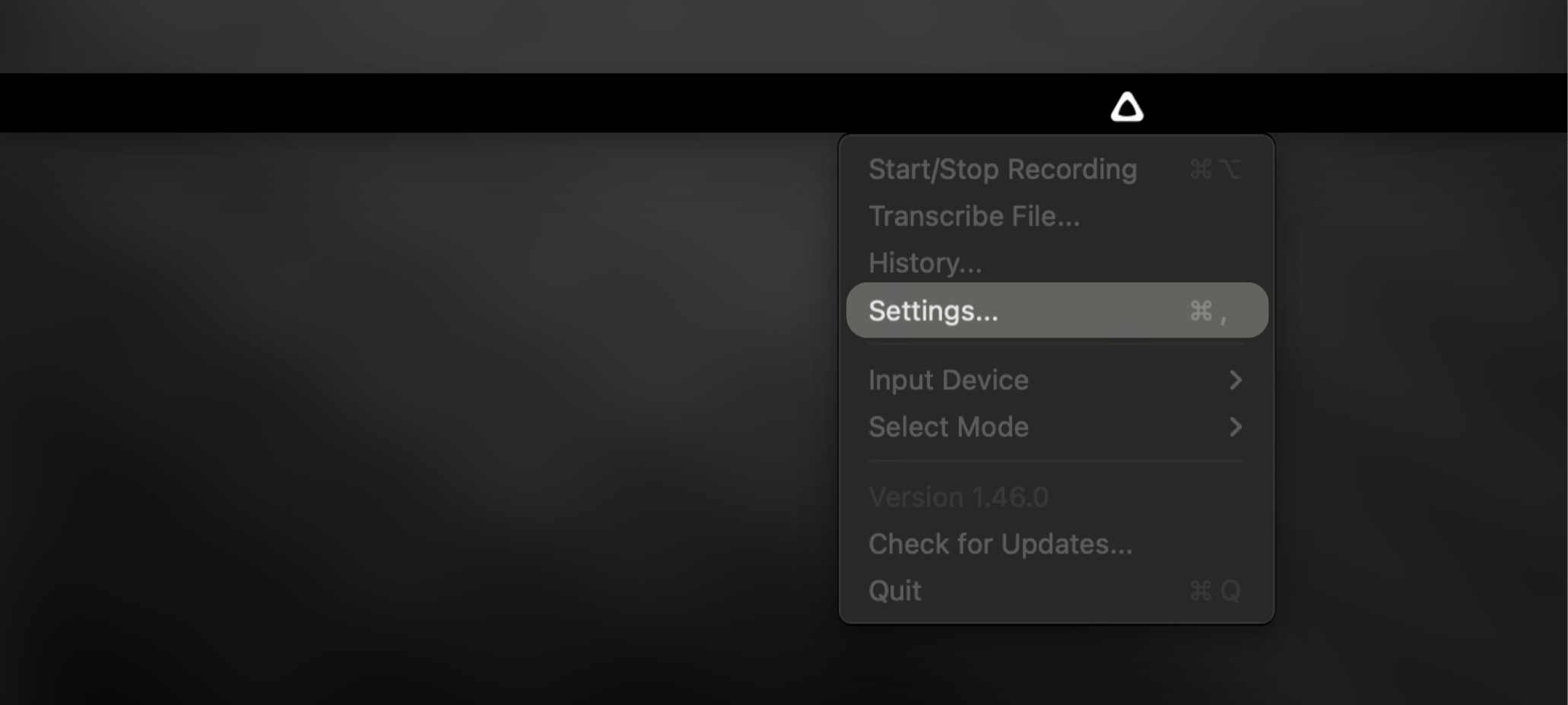 Superwhisper settings menu used to select models and configure dictation controls.