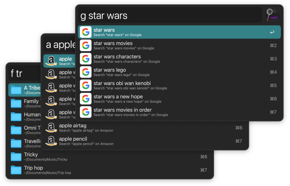 Alfred launcher displaying sample web searches and file-search results in layered keyboard-driven panels.