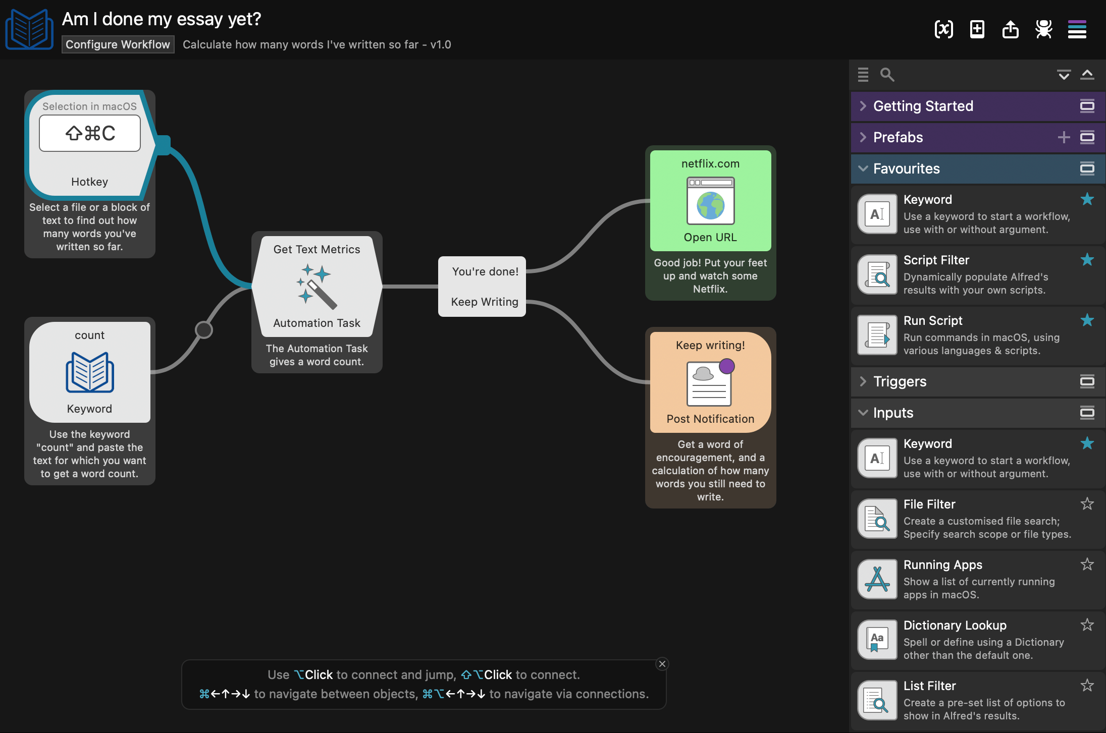Alfred Workflow Editor showing a sample keyword-triggered text-metrics workflow connected to result actions.