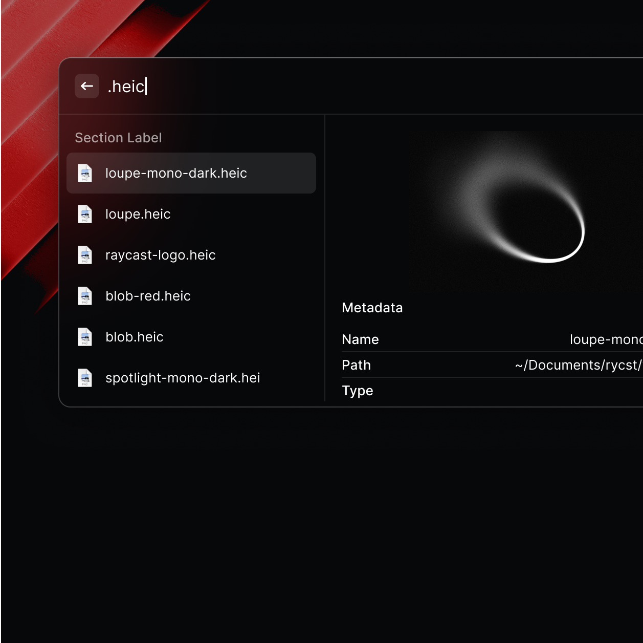 Raycast on Mac showing a file search result panel over a dark desktop workspace.