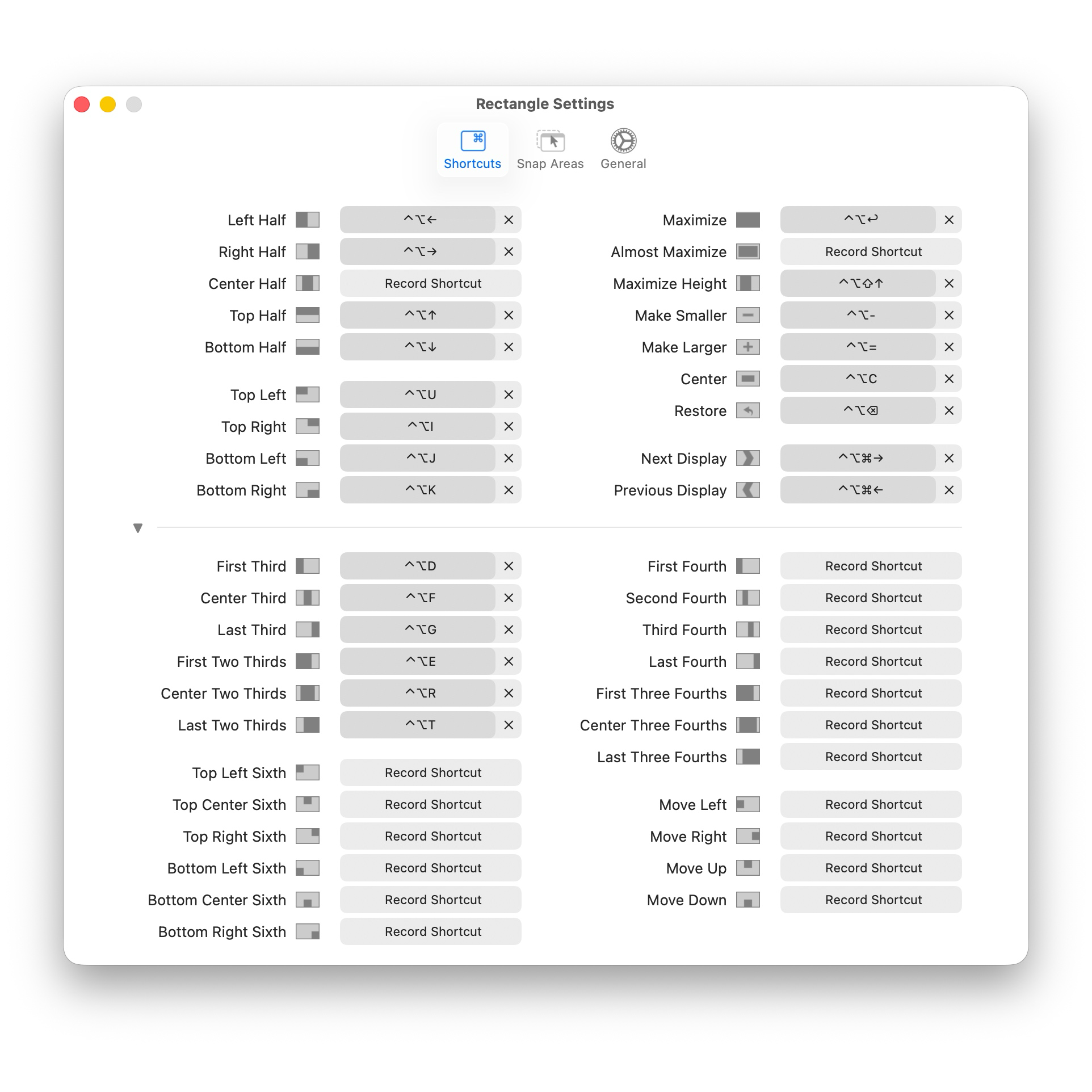 Rectangle on Mac showing the shortcut settings used to assign keyboard commands for window placement.