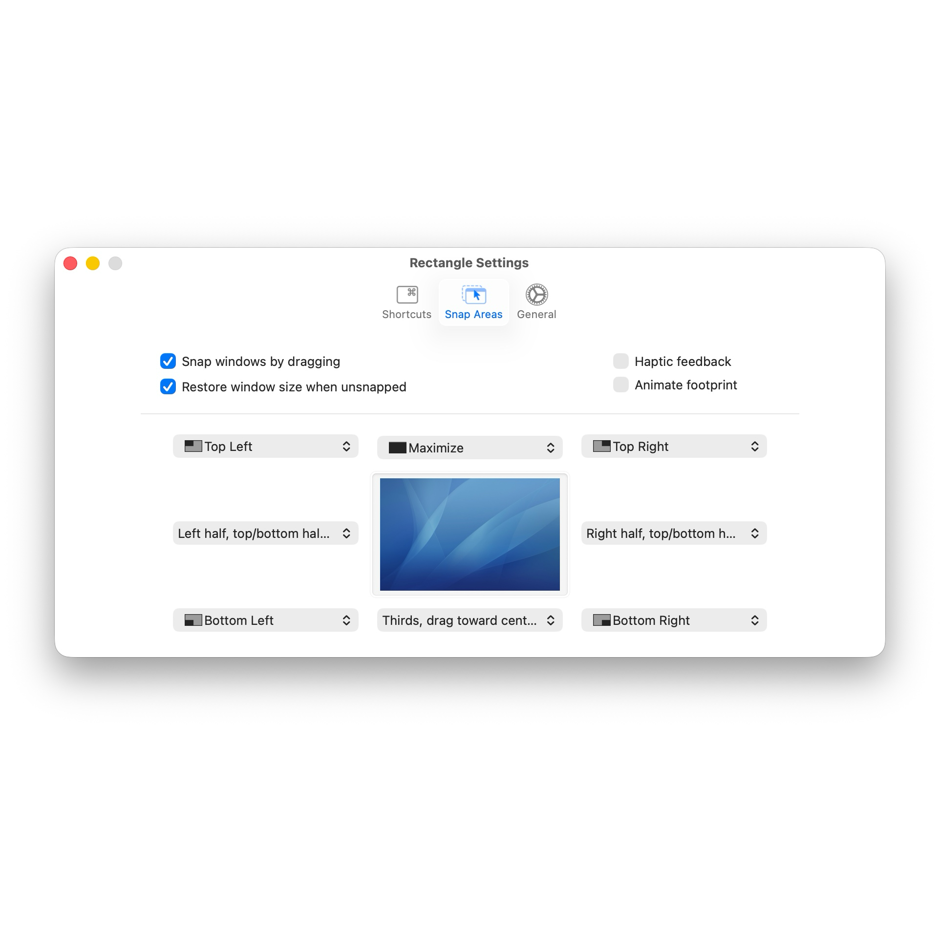 Rectangle on Mac showing a snap-area layout for moving windows to defined screen regions.