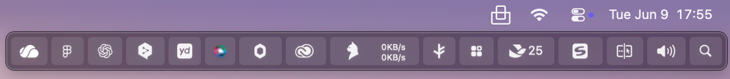 Tuck Shelf showing a row of previously hidden menu-bar icons below the macOS menu bar.