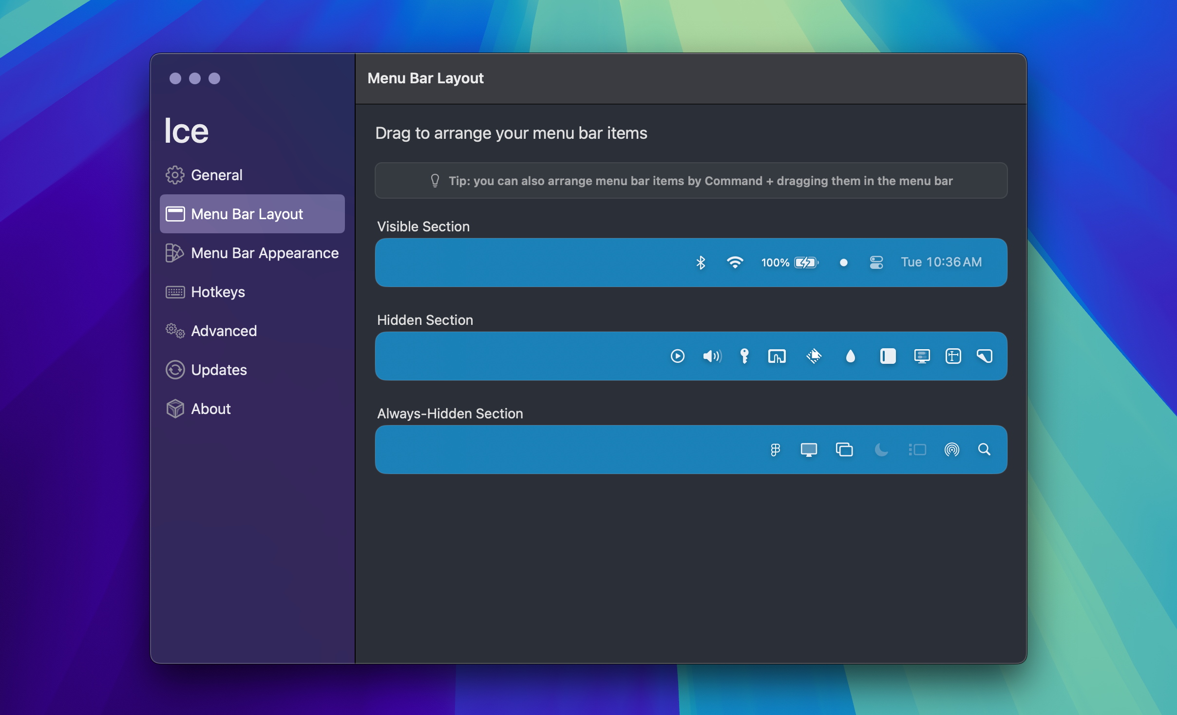 Ice on macOS showing its drag-and-drop menu bar layout editor for arranging status items.