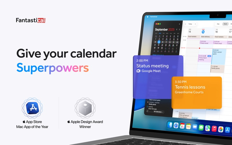 Fantastical on a Mac showing a week calendar with color-coded events and meeting details.