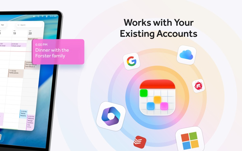 Fantastical calendar shown with Google, iCloud, Microsoft, and Todoist account icons around a calendar view.