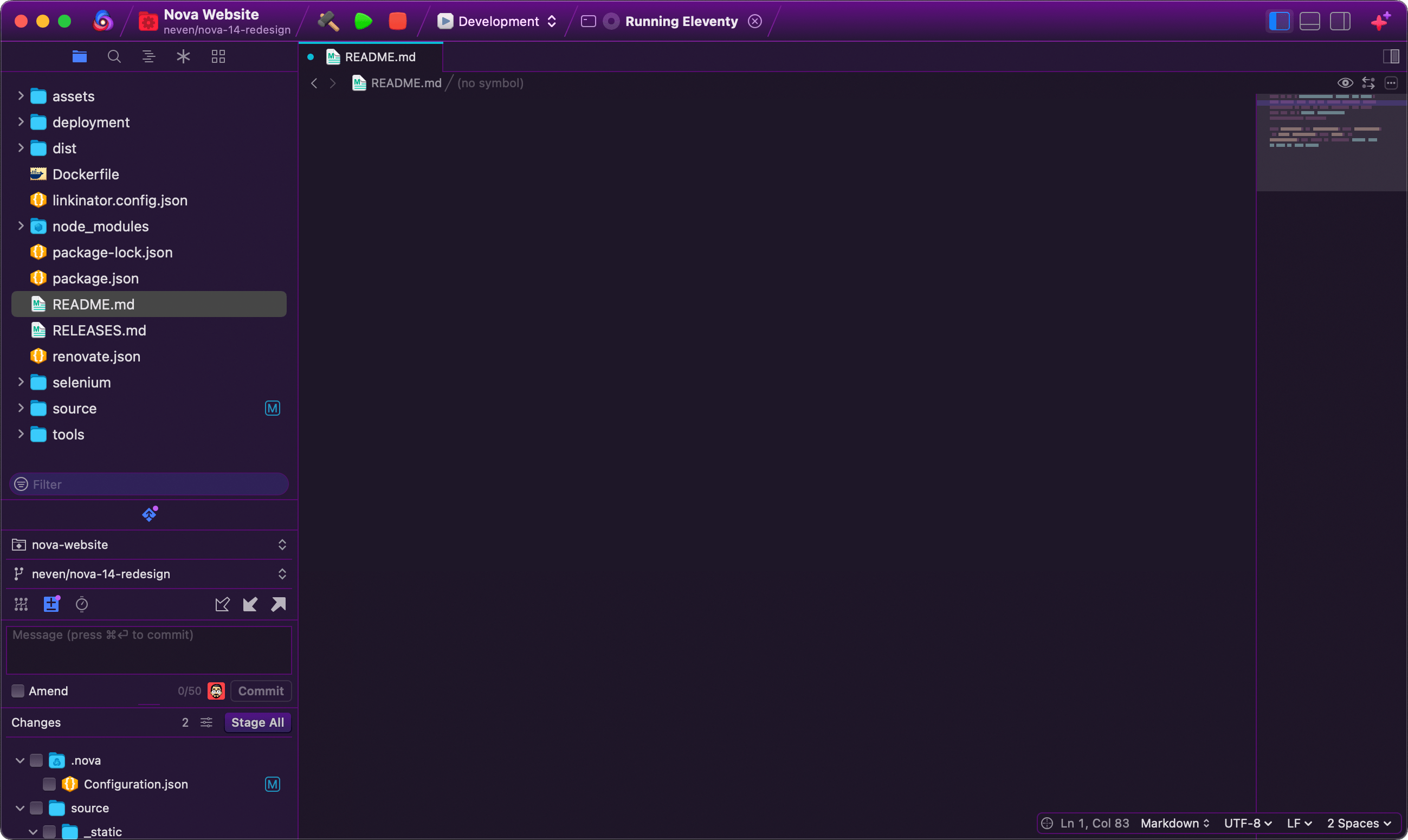 Nova's dark editor workspace with source code, project files, and debugging controls for a Mac development project.