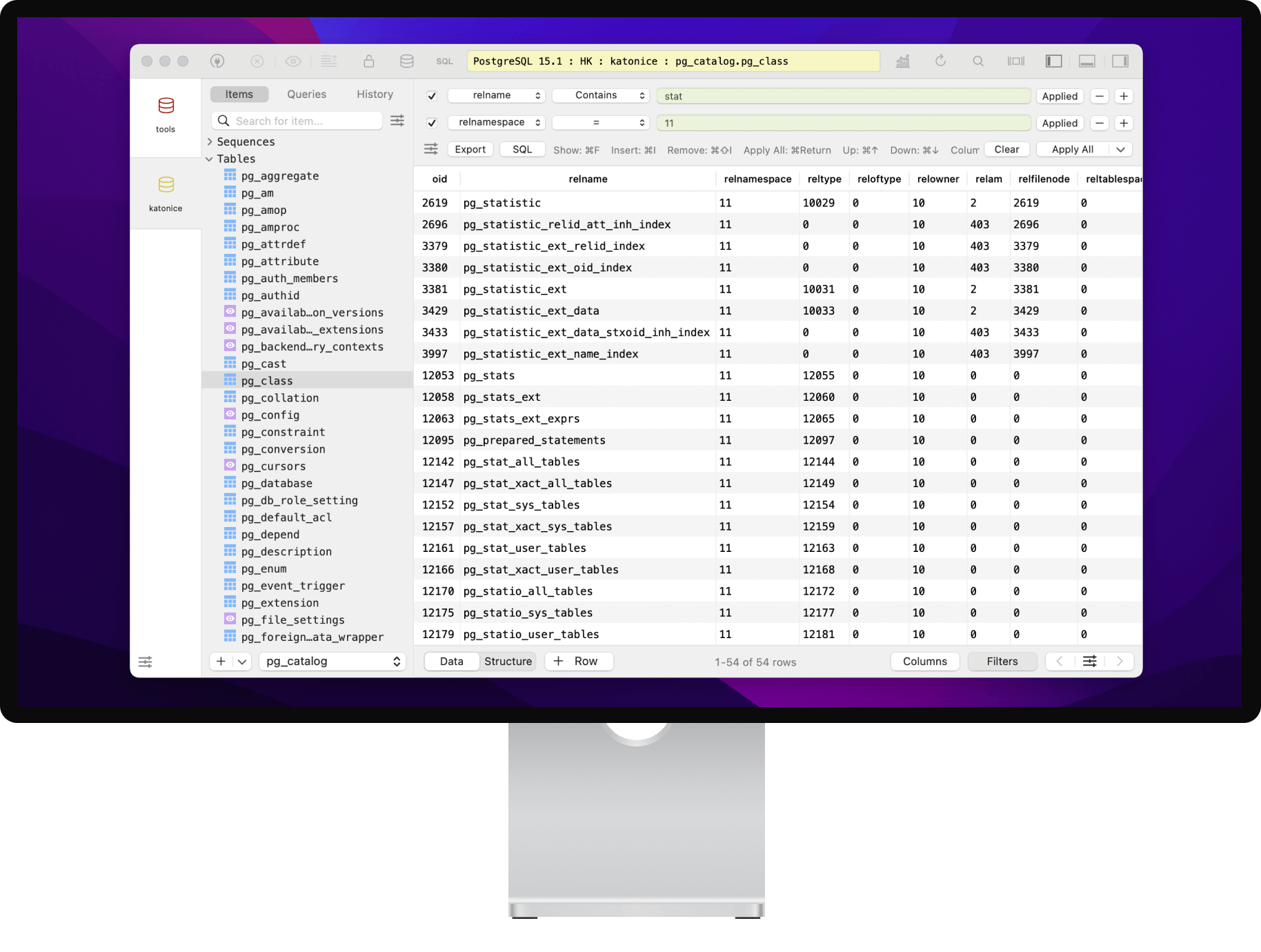 TablePlus on macOS showing a database workspace with a connection sidebar, SQL editor, and table data grid.