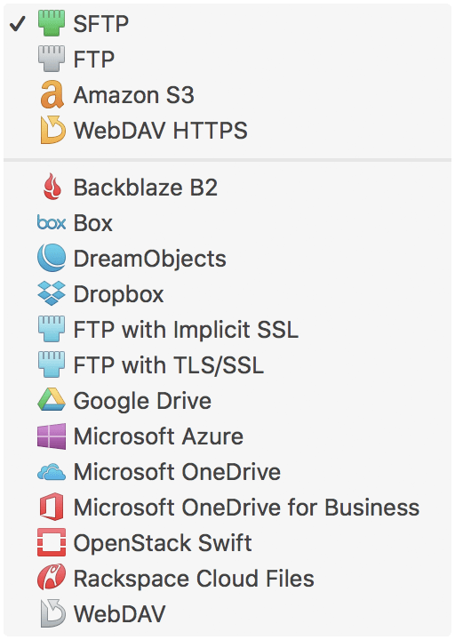 Transmit showing a saved server list with connection details in its macOS file-transfer interface.