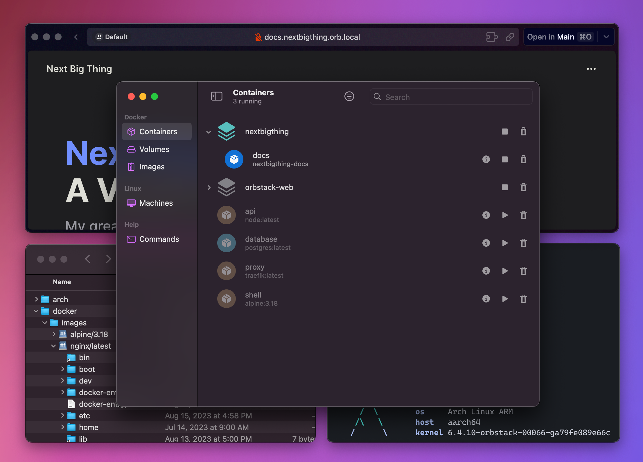 OrbStack's Mac workspace showing a Compose project, local domains, and a Linux machine alongside Finder files.