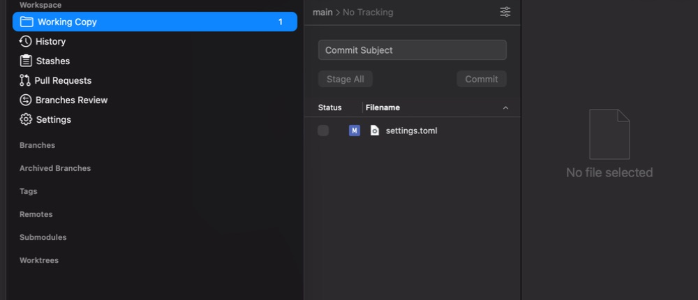 Tower's synthetic local working-copy view with one changed settings file and repository navigation.