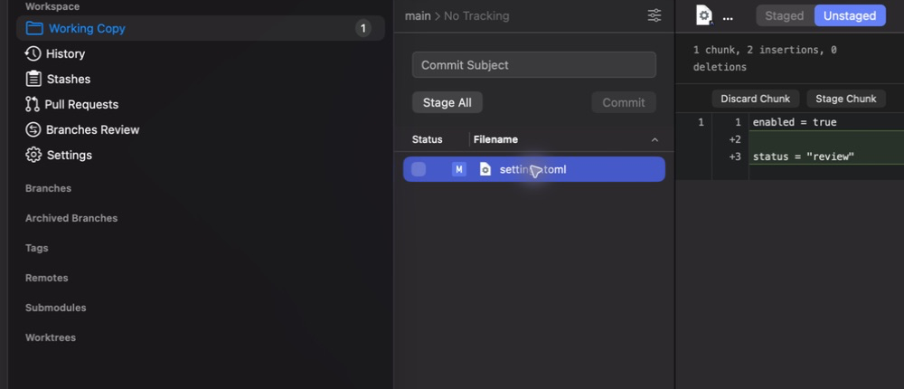 Tower showing a synthetic settings-file diff with controls to stage or discard the selected change.