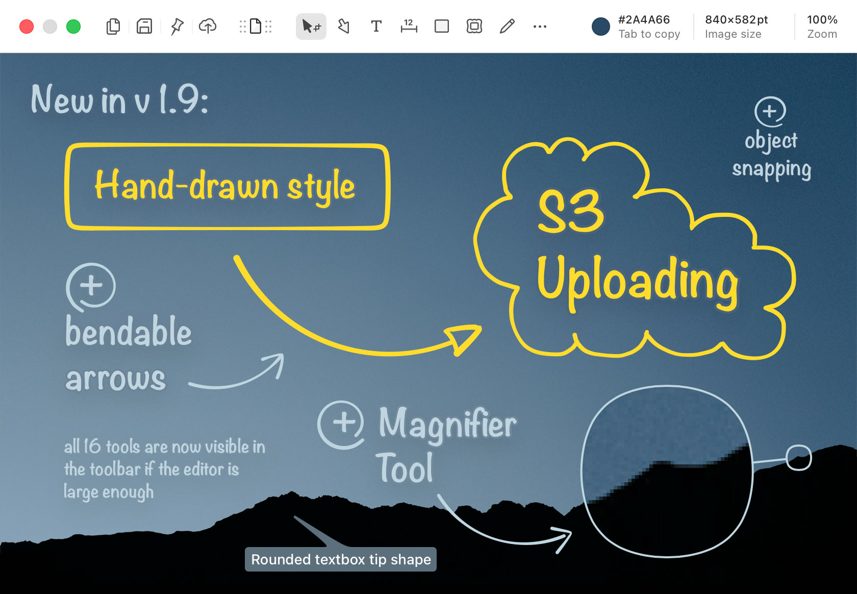 Shottr's editor showing hand-drawn annotation tools, object snapping, and a magnifier on a demonstration canvas.