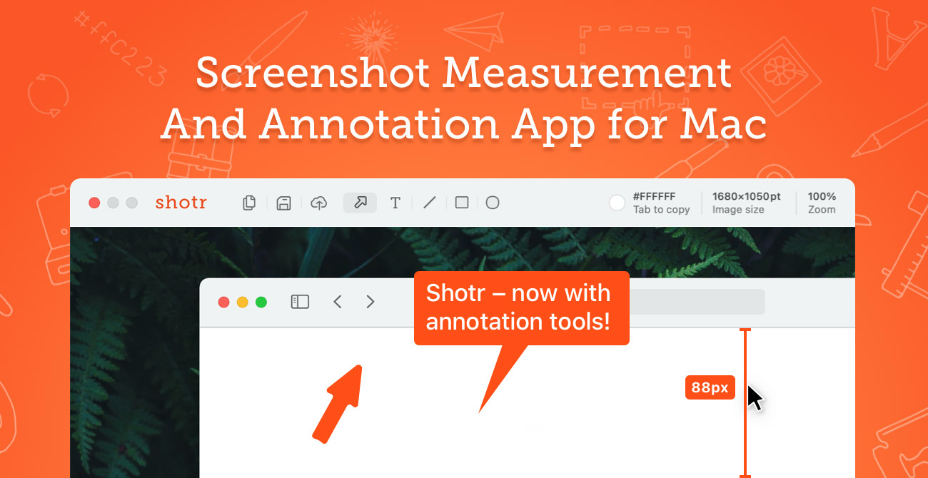 Shottr promotional artwork showing screenshot measurement and annotation controls in a Mac editor window.