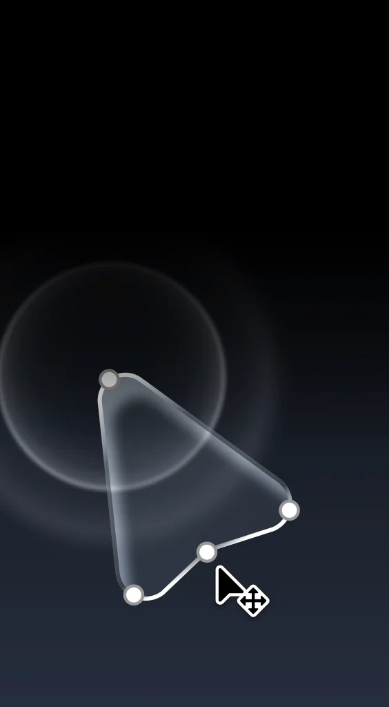 Sketch design canvas showing a selected curved vector path with editable points and a pointer control.