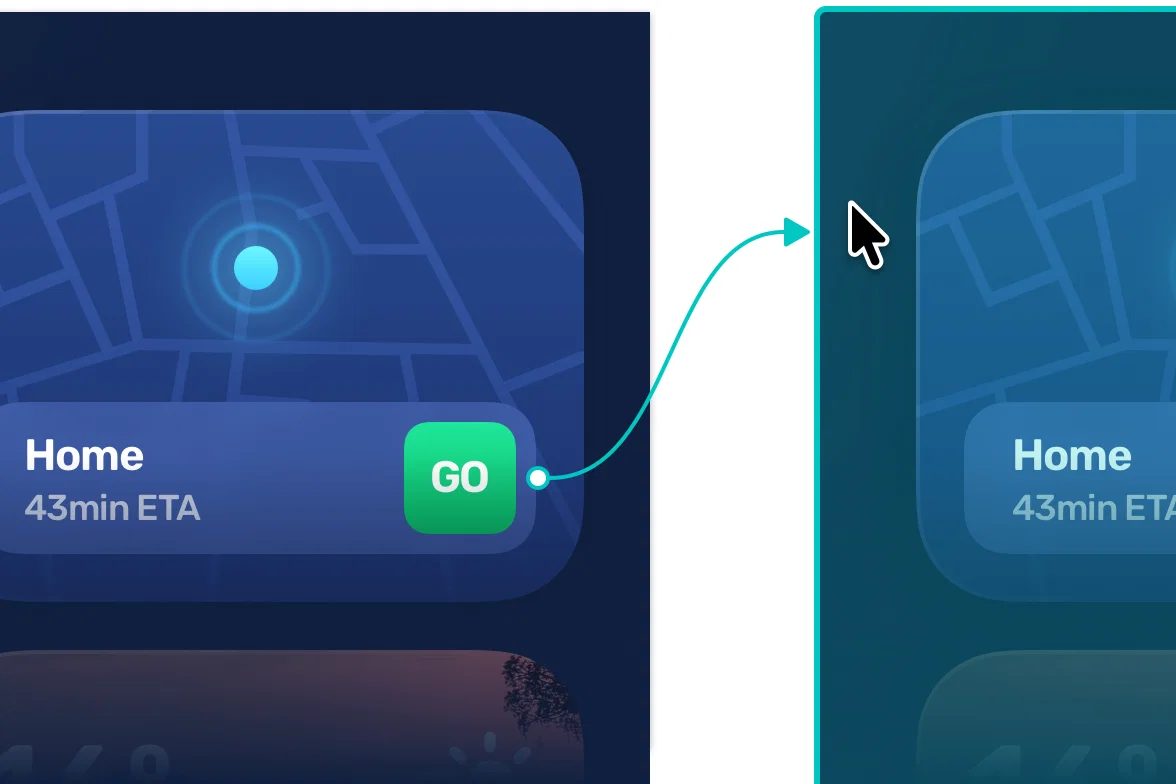 Sketch prototype artwork showing a map interface moving into a focused mobile card through a curved interaction path.