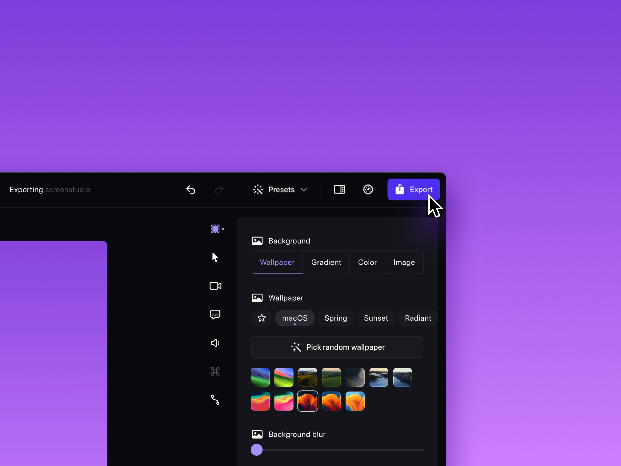 Screen Studio editor with a background panel for selecting a wallpaper, gradient, color, or image around a recording.