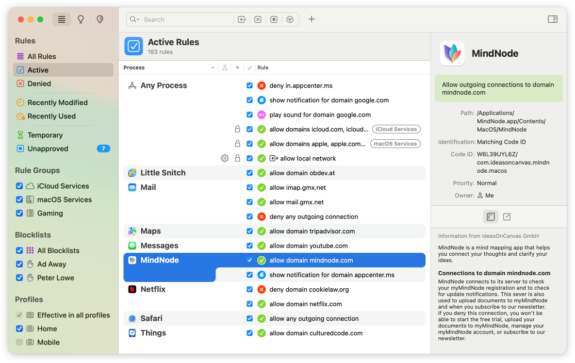 Little Snitch rule manager listing active network rules for Mac applications and domains.