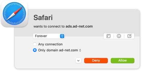 Little Snitch connection alert for Safari offering a choice to deny or allow a domain request.