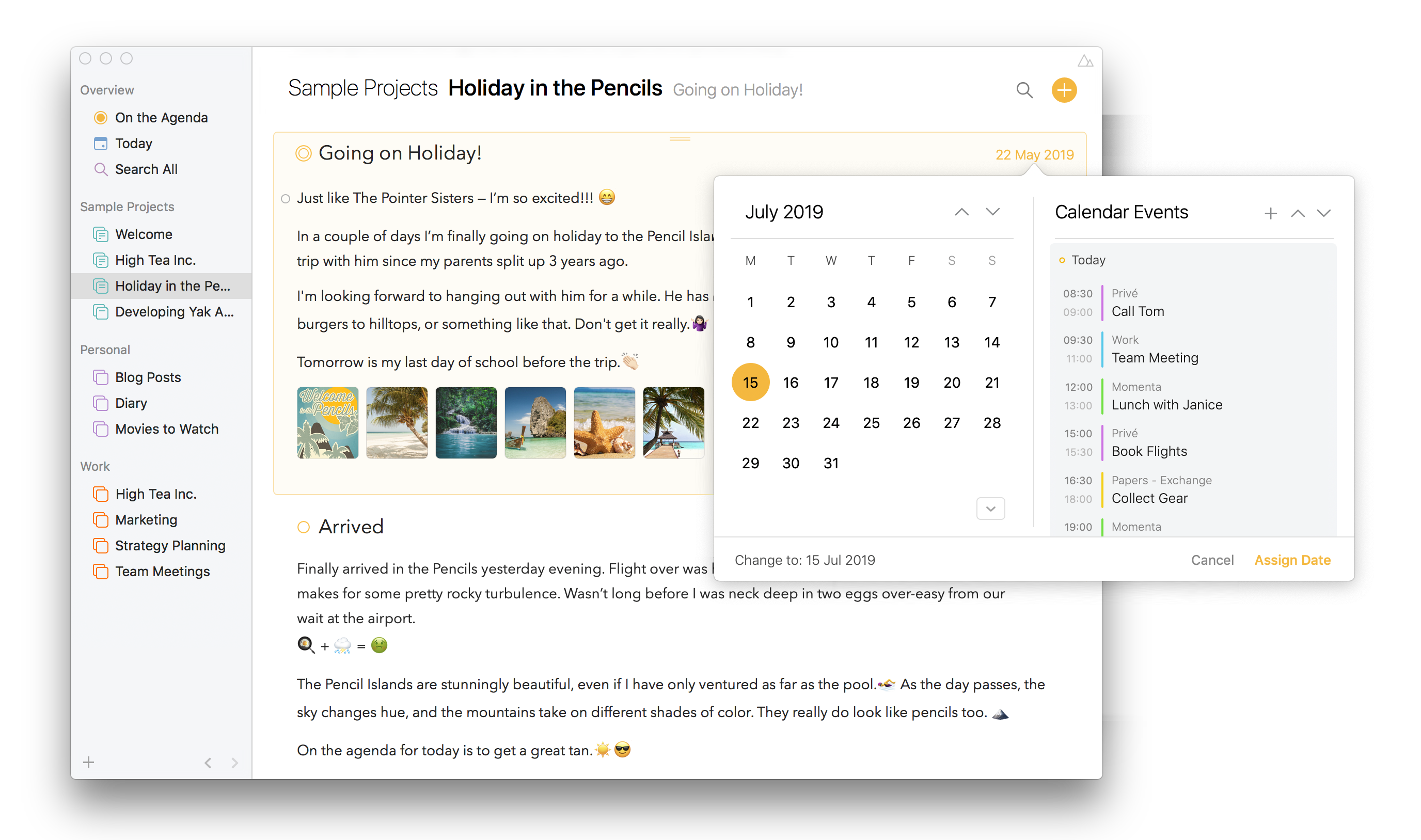 Project notes alongside a calendar.