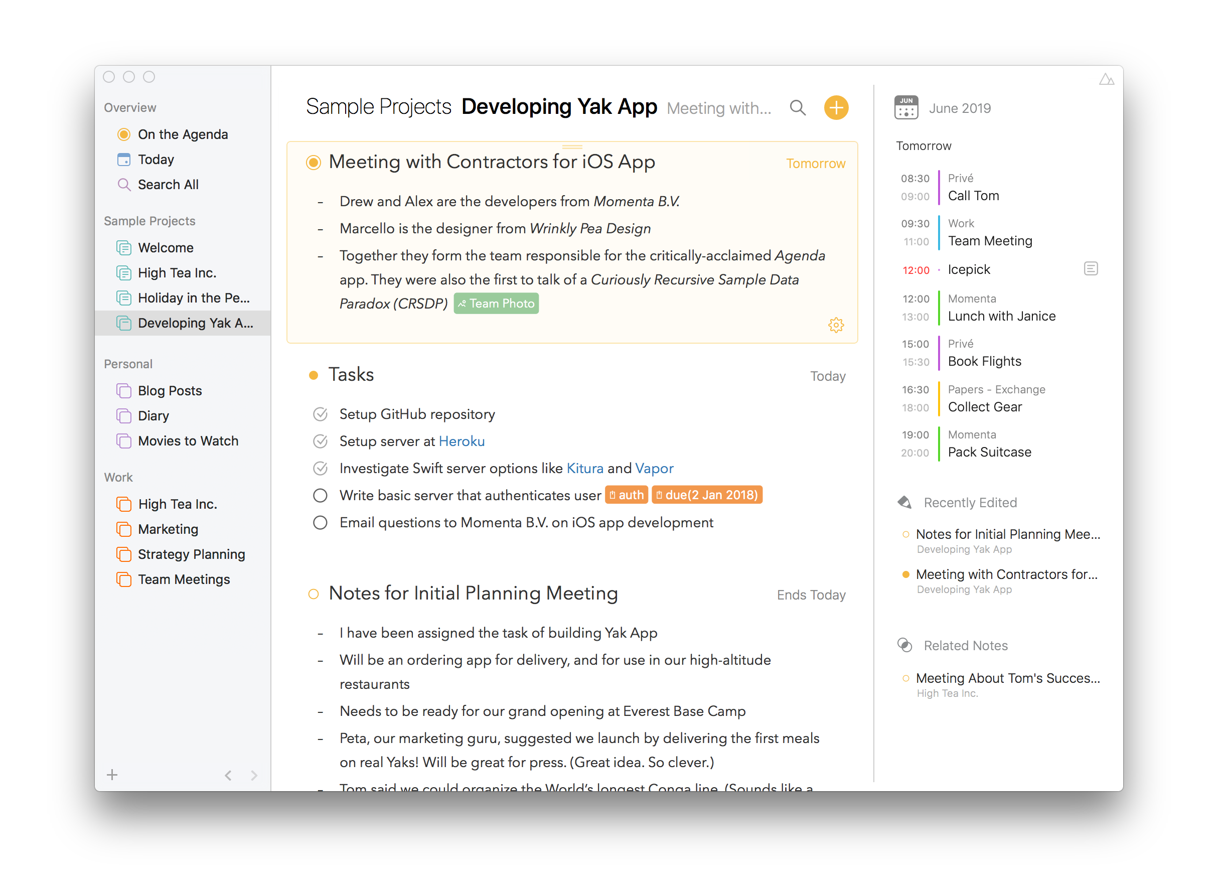 Notes and tasks organised by project.