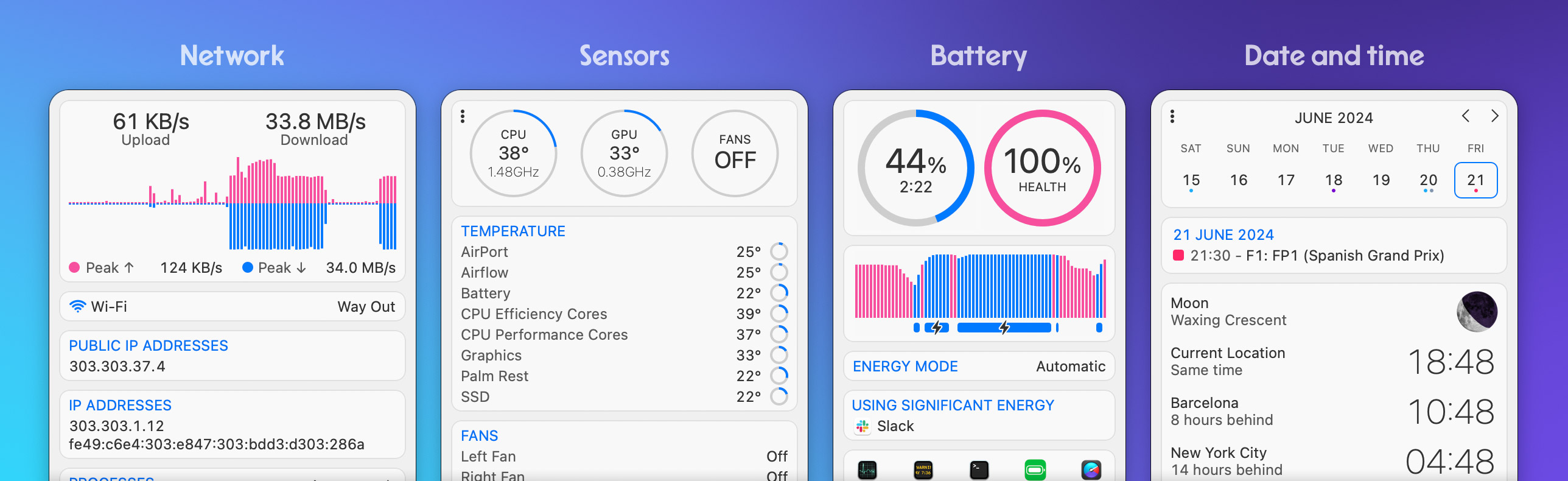 iStat Menus 7: network activity, Mac sensors, battery status, and clocks.