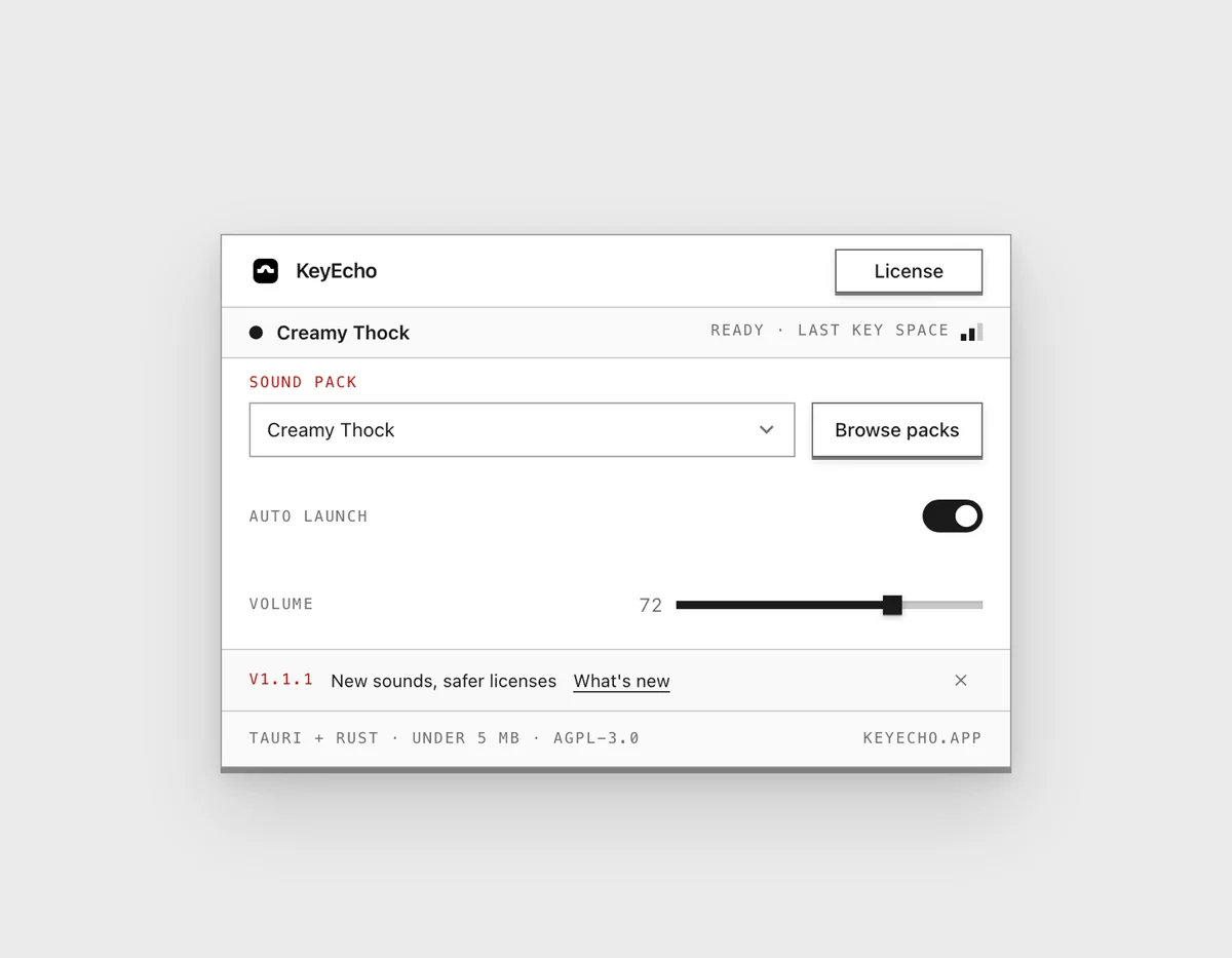 Developer-provided KeyEcho v1.1.1 main-panel illustration with sound selection, Auto Launch and volume controls.