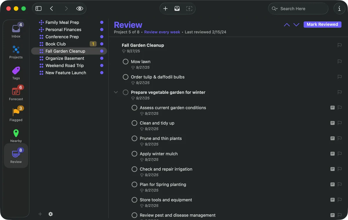 OmniFocus 4 for Mac in dark mode, showing the Review perspective and a garden sample project with its actions.