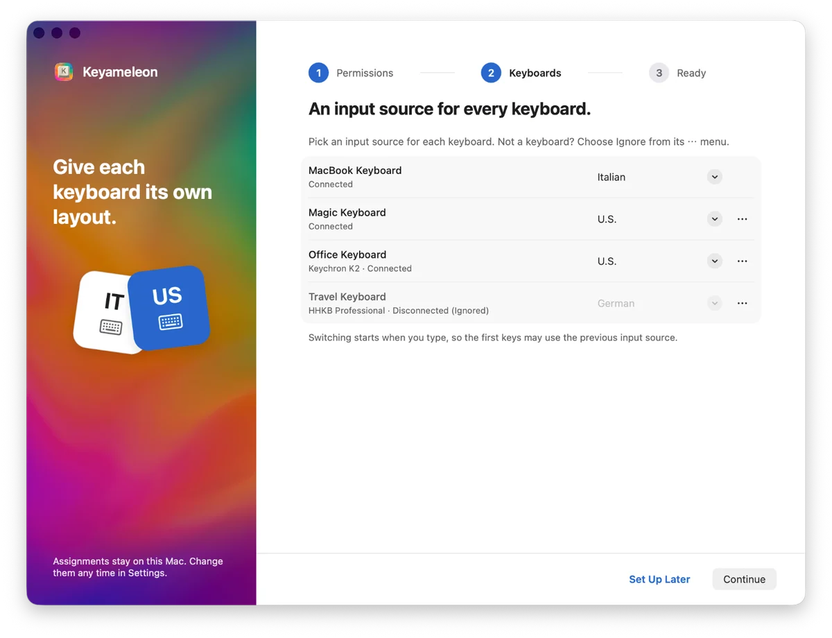 Keyameleon onboarding screen for assigning an input source to each keyboard.
