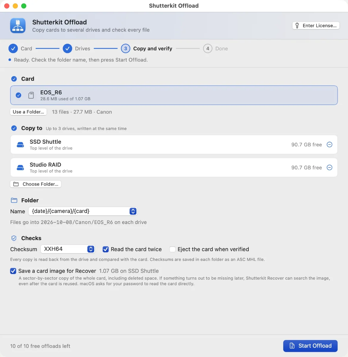 Shutterkit Offload showing a card backup with multiple destinations and checksum verification settings.