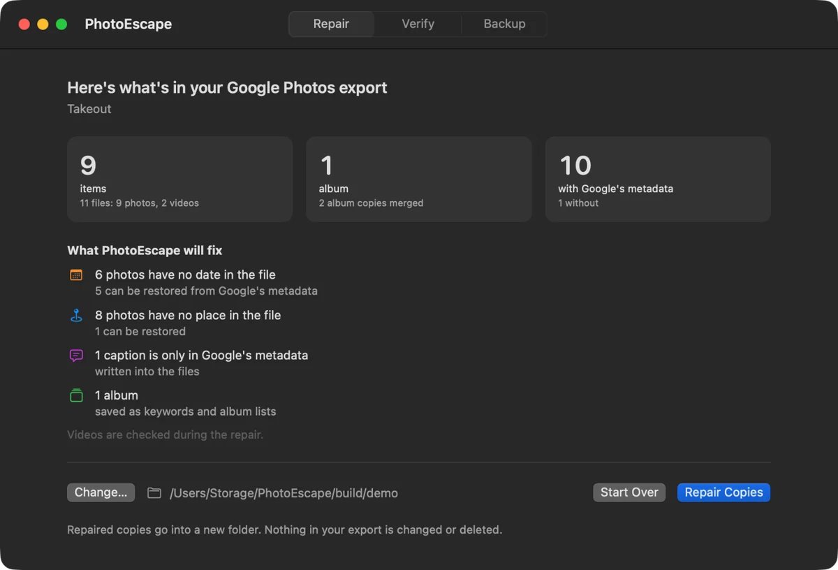 PhotoEscape Repair view summarizing a demo Google Photos export and recoverable metadata.