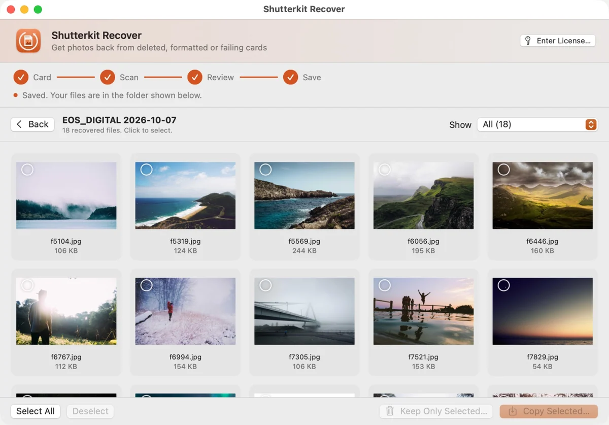 Shutterkit Recover showing recovered photo previews from a card.