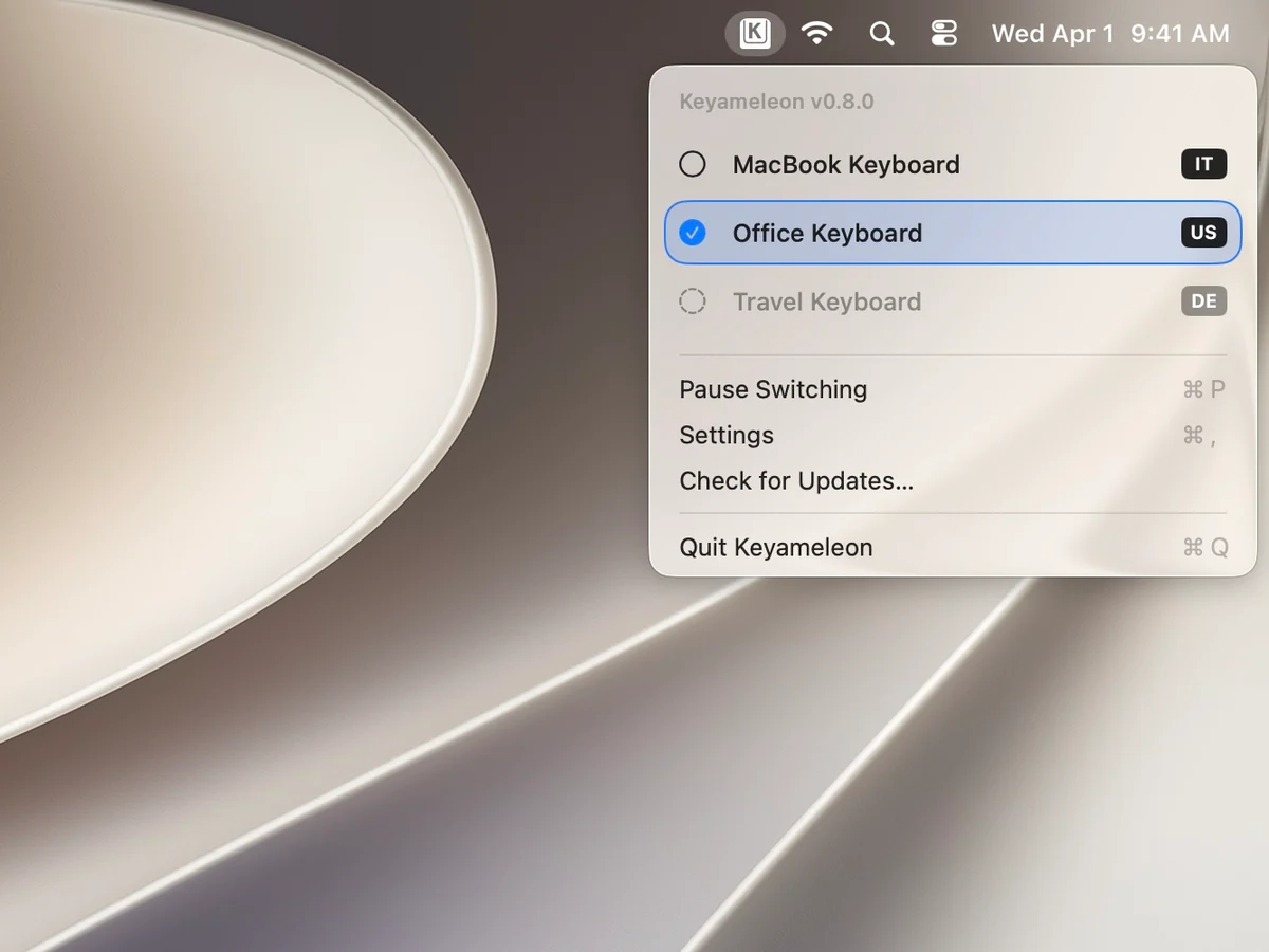 Keyameleon v0.8.0 menu illustration showing keyboard assignments and pause, settings, and update controls; this is not a current-version screenshot.