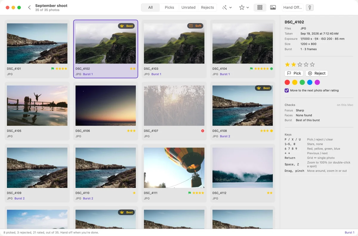 Shutterkit Cull showing a photo grid with picks, ratings and image review controls.