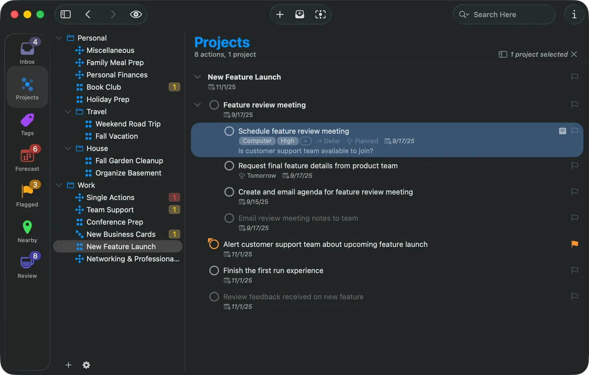 OmniFocus 4 for Mac in dark mode, showing the Projects perspective, project list, and selected action details.