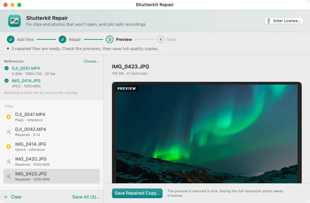 Shutterkit Repair showing a repaired photo preview and reference files.