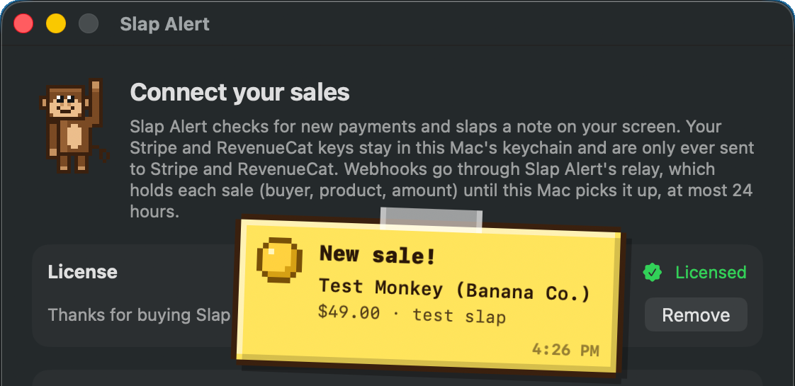 Slap Alert connection interface with a test sales notification